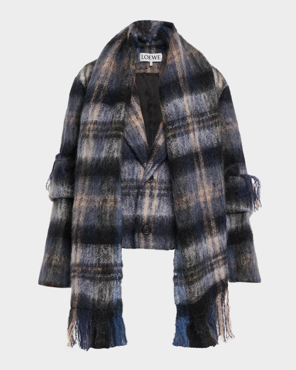 Check Alpaca Fringe Scarf Jacket